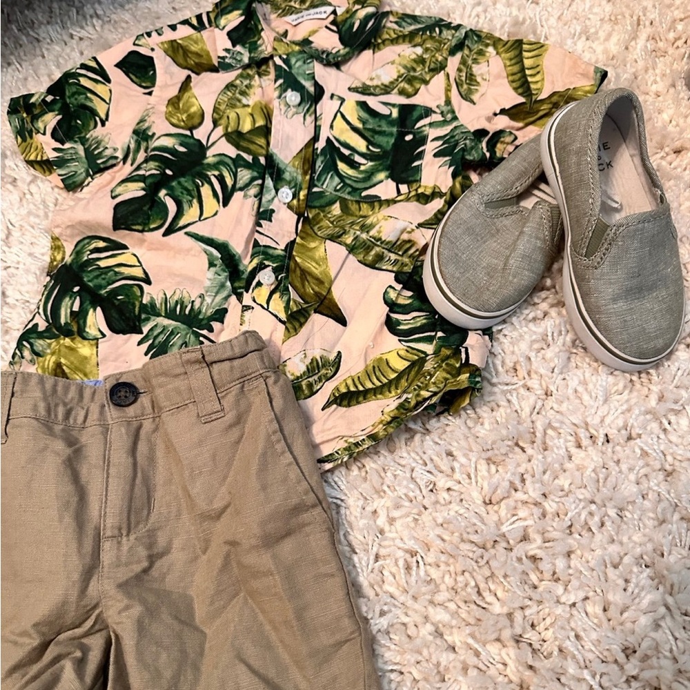 Janie and jack 2T pink tropical palm button‎ down boys dress top
